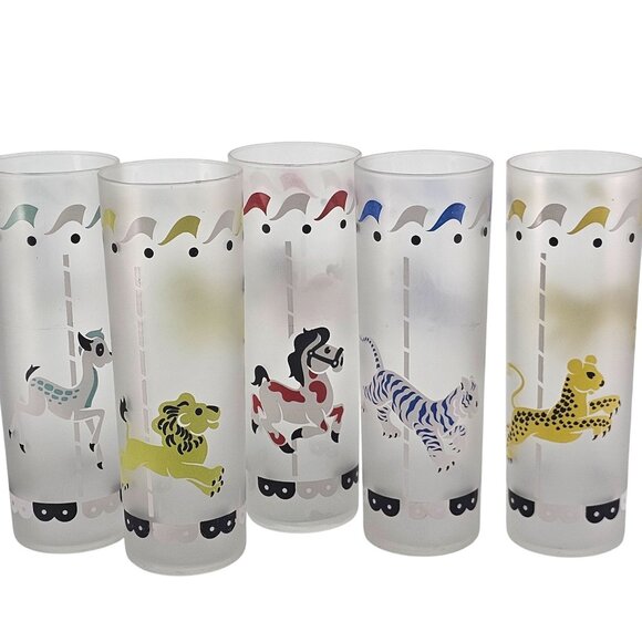 5 Libbey Merry-Go-Round Cocktail Glasses 7" satin frosted barware 1950s circus - Picture 2 of 9